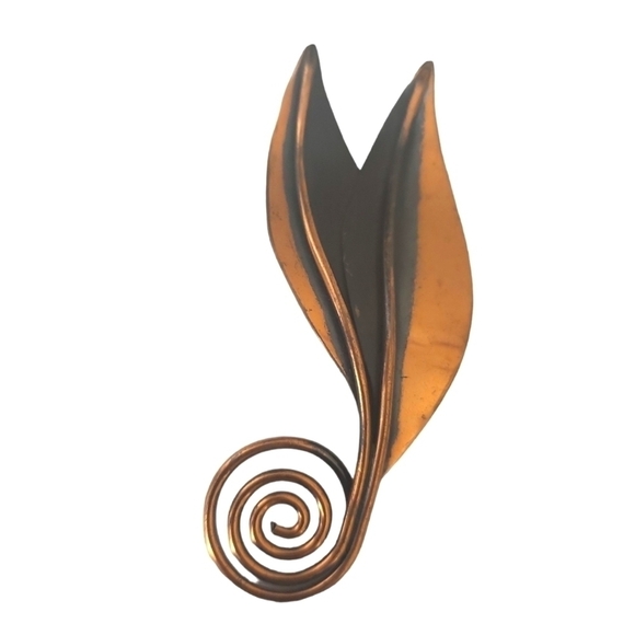 Copper Southwestern Leaf Brooch with Scroll Detail Stem - Picture 1 of 5